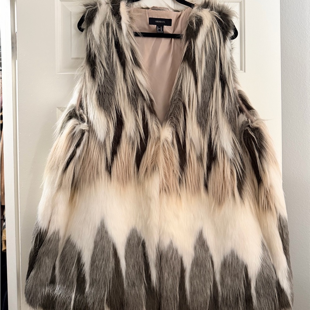 FREE SHIPPING Faux Fur Vest with Black, White, Tan, Gray Pattern